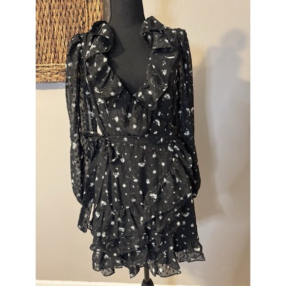 Spring + Mercer Women's Wrap Dress S Swiss Dot Floral Black White Ruffle NEW - Picture 6 of 11
